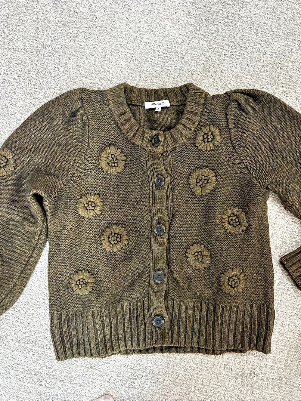 Madewell Embroidered Edencroft Pleat-Sleeve Cardigan Sweater Brown Small
